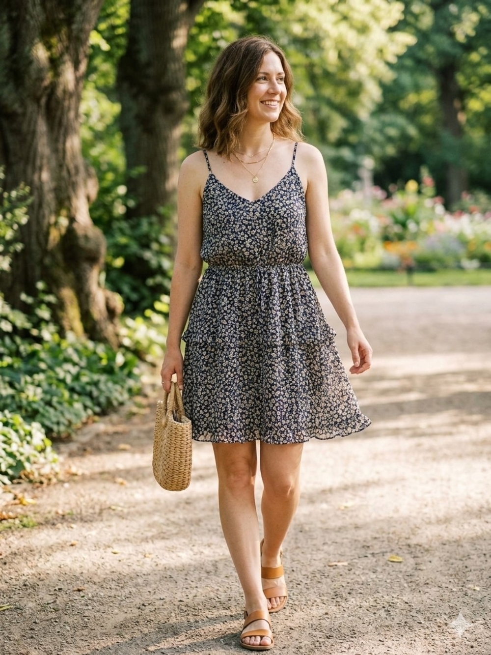 by & by Navy Floral Spaghetti-Strap Tiered Mini Dress